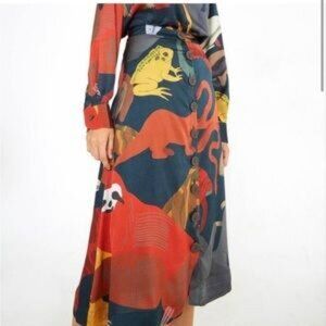 Farm Rio Amazonian Animals Midi Skirt Button Front Colorful Print